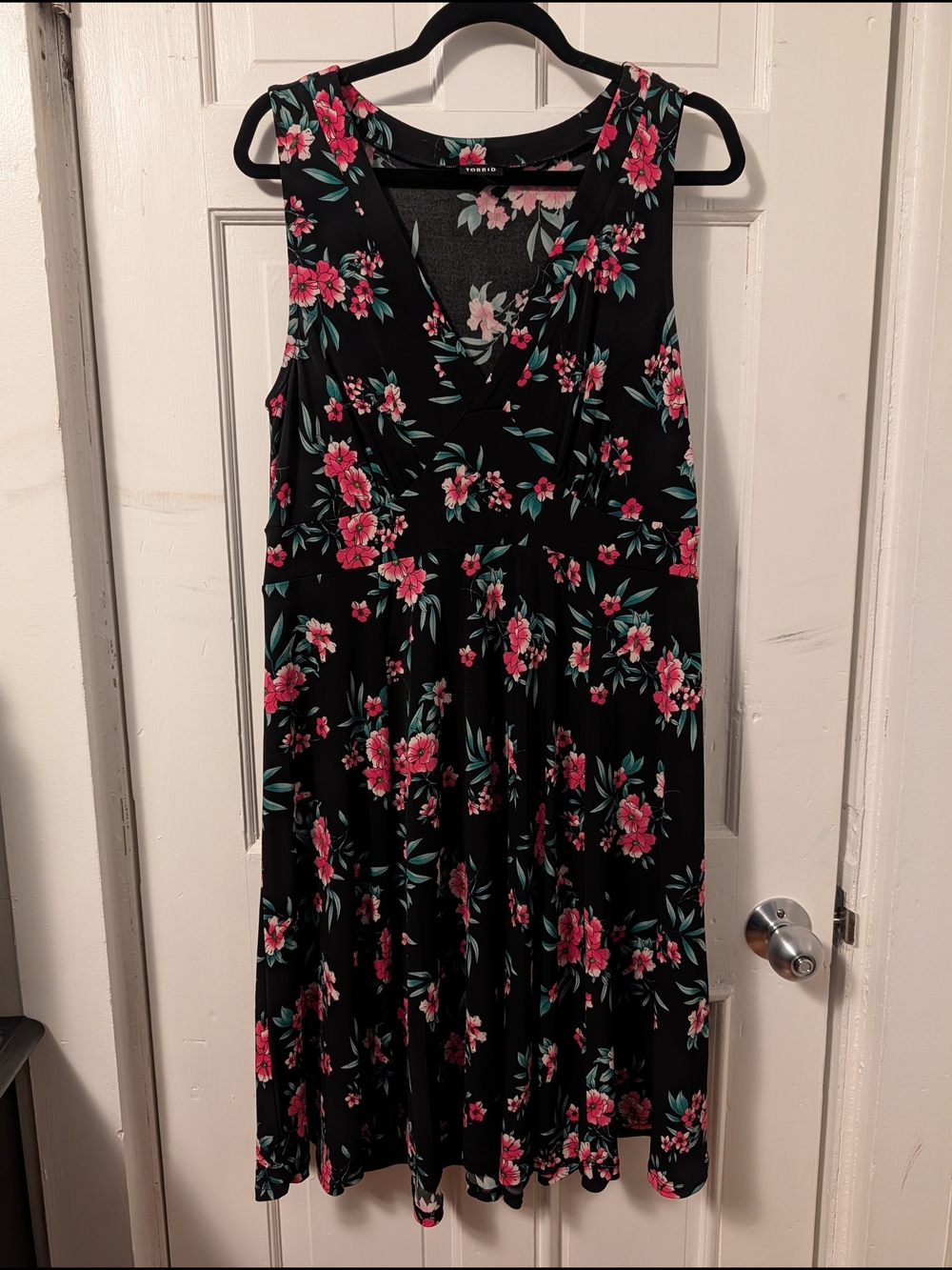 Torrid Black Sleeveless V-Neck Dress with Pink Floral Print